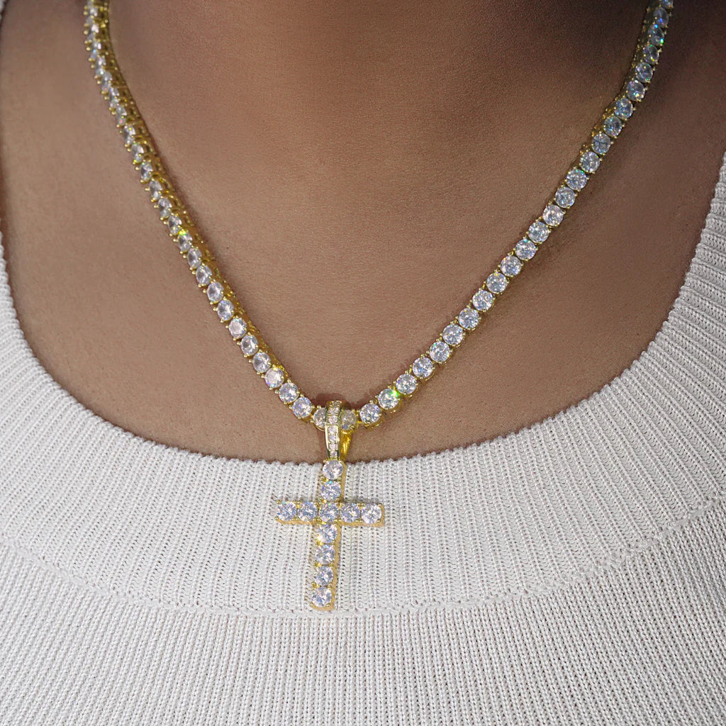 Iced Tennis Chain + Iced Cross Pendant Bundle